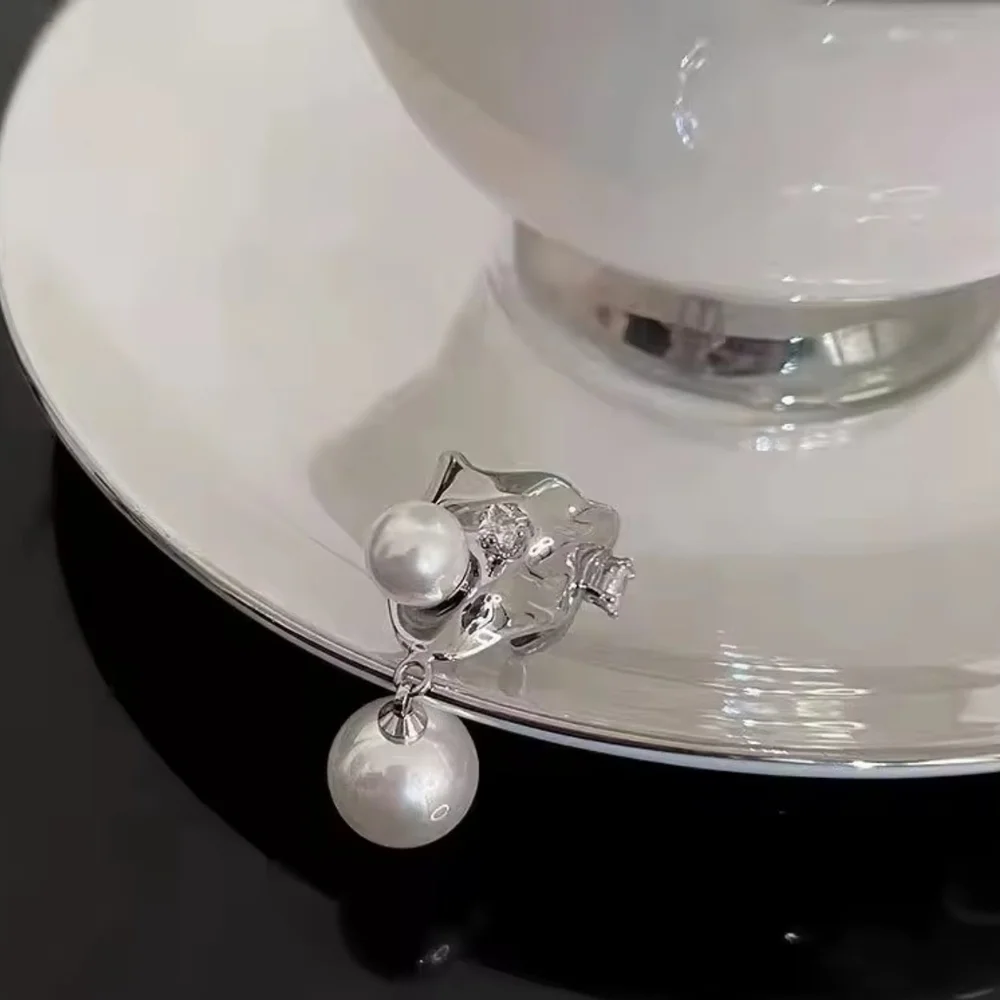 Silver-Tone Double Pearl Drop Earrings - Picture 5 of 7